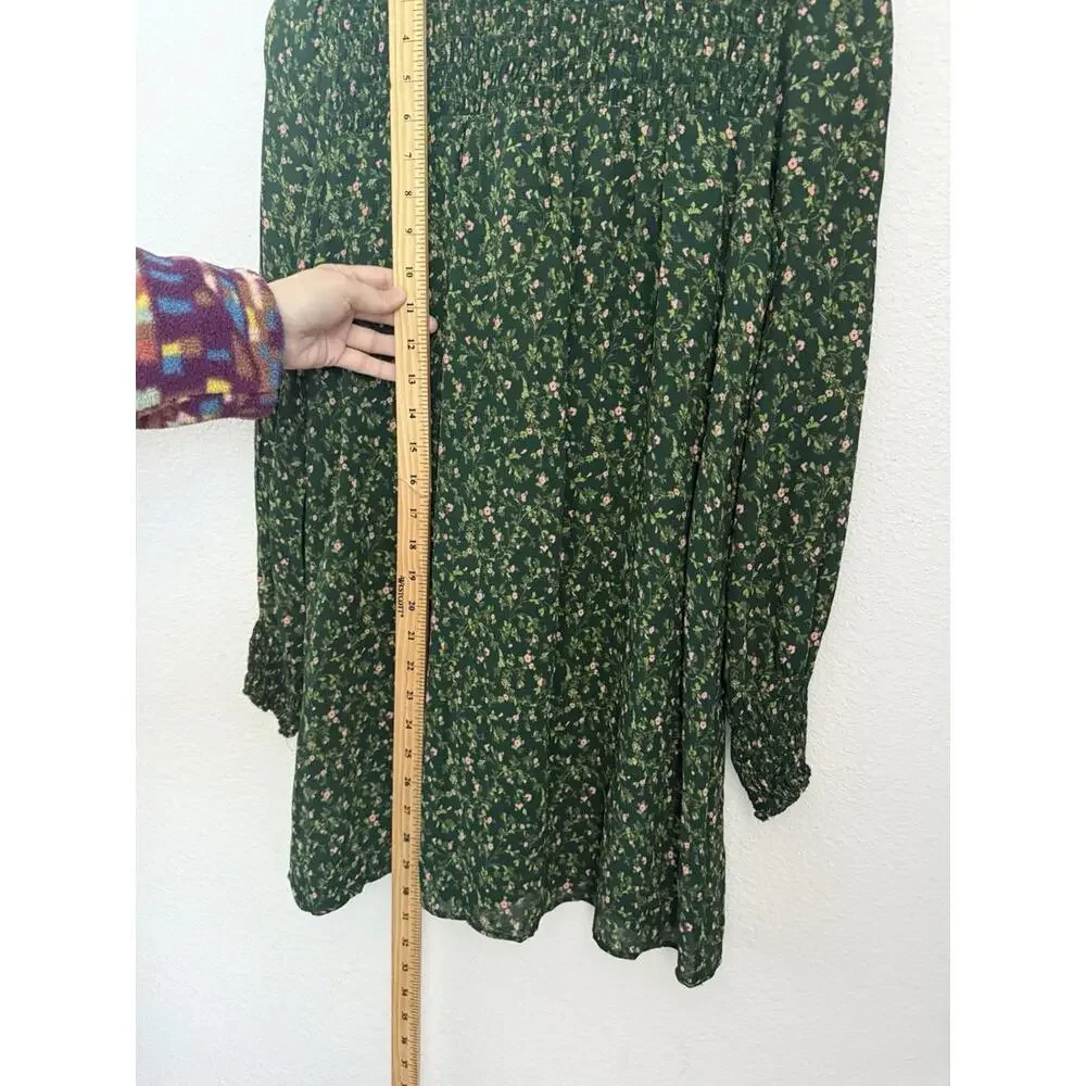Reformation Brandi Green Floral Long Sleeve Smocked Mock Neck Mini Dress Size S - Picture 7 of 8